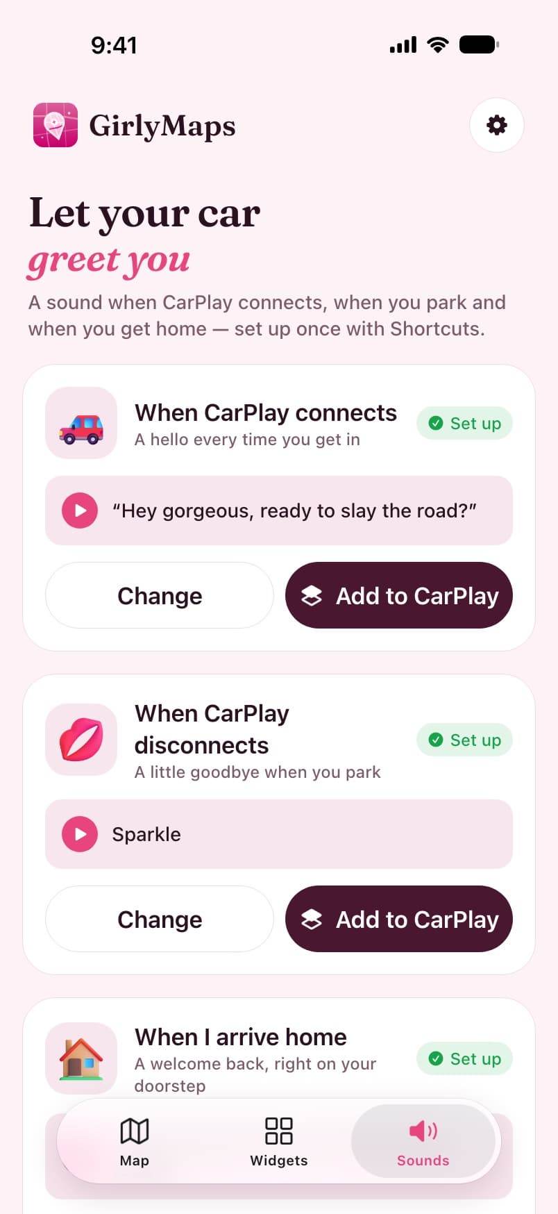The GirlyMaps Sounds tab with a greeting for when CarPlay connects, a Sparkle chime for when it disconnects and a welcome home