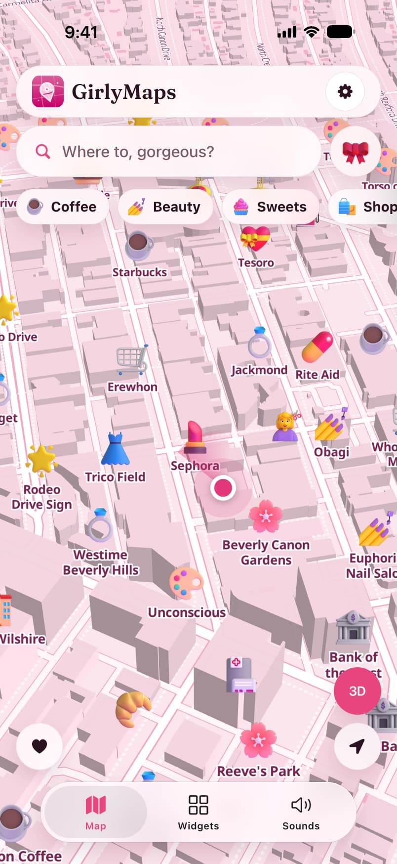 The GirlyMaps map in the Pink Princess theme with cute 3D icons for cafés, boutiques and beauty salons