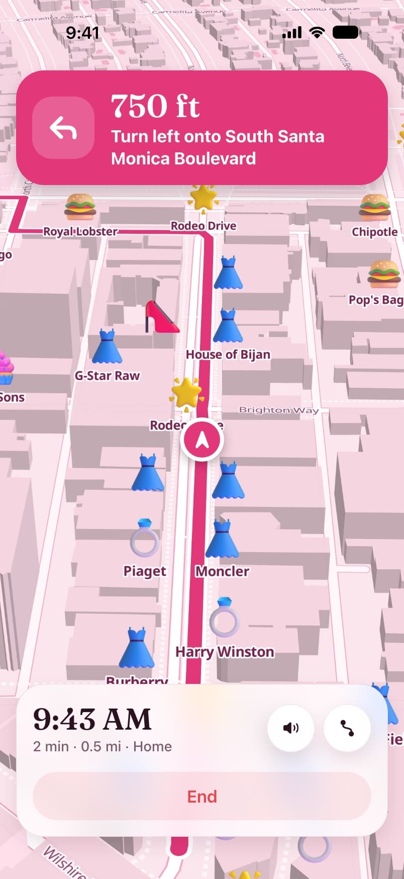 GirlyMaps turn-by-turn navigation: a pink banner says turn left onto South Santa Monica Boulevard in 750 feet