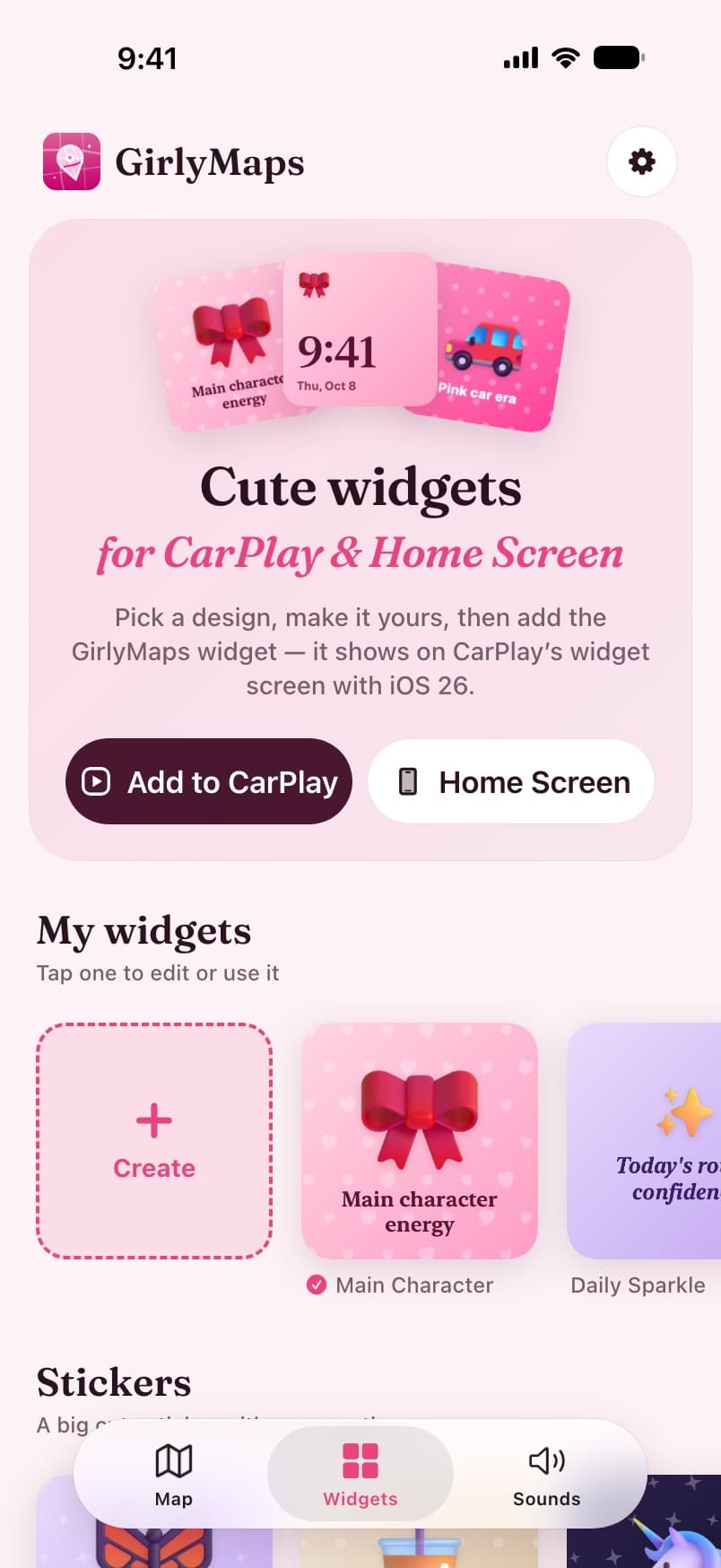 The GirlyMaps Widgets tab with cute widget designs for CarPlay and the Home Screen