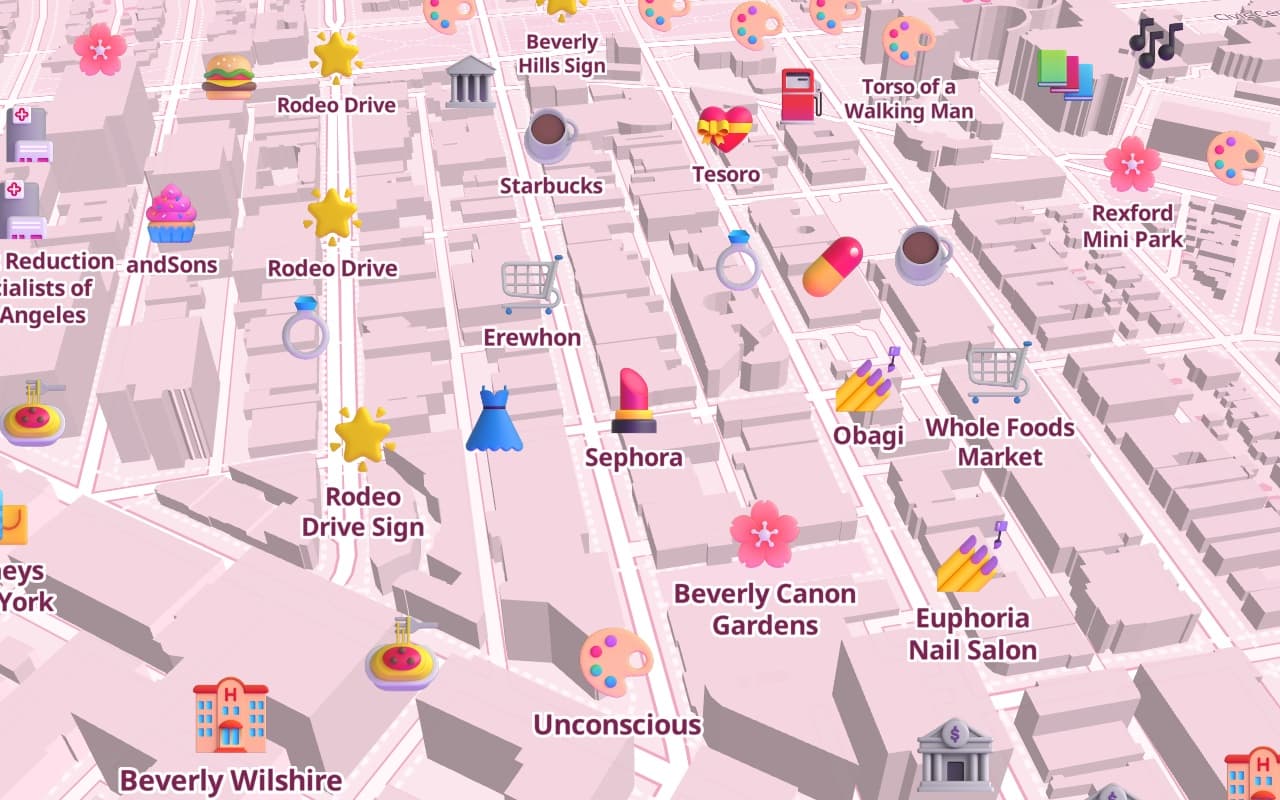 Beverly Hills on the GirlyMaps Pink Princess map, with 3D buildings and icons for Sephora, Starbucks, a nail salon and boutiques