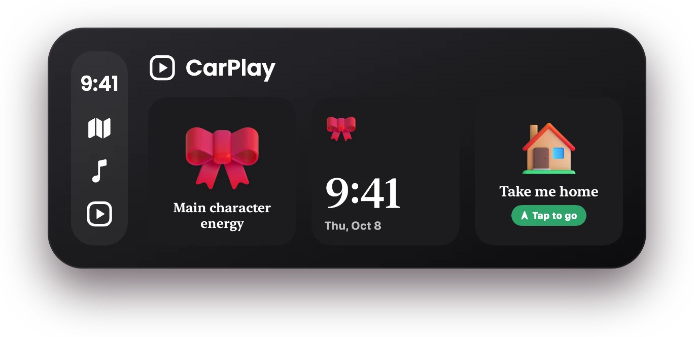 CarPlay's widget screen with three GirlyMaps widgets: Main character energy, a bow clock and Take me home